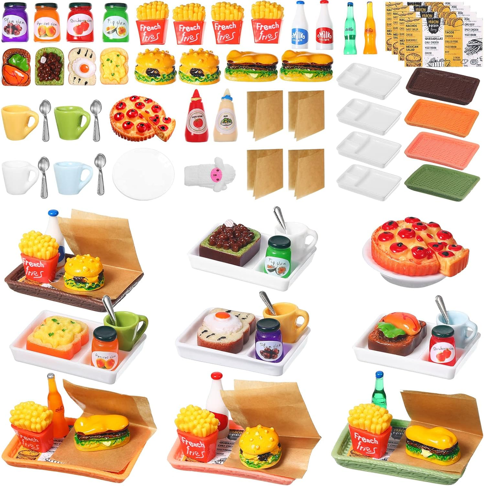 50 Pieces Dollhouse Miniature Fast Food Accessories Set Mixed Resin Food Drink M