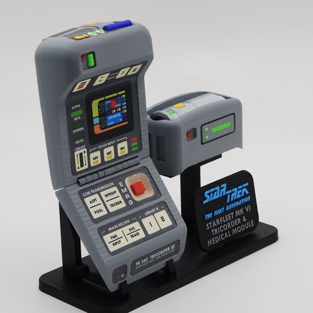 Star Trek TNG Mk VI Tricorder 3D Printed Fan‑Made Prop w/ Med Module & Stand