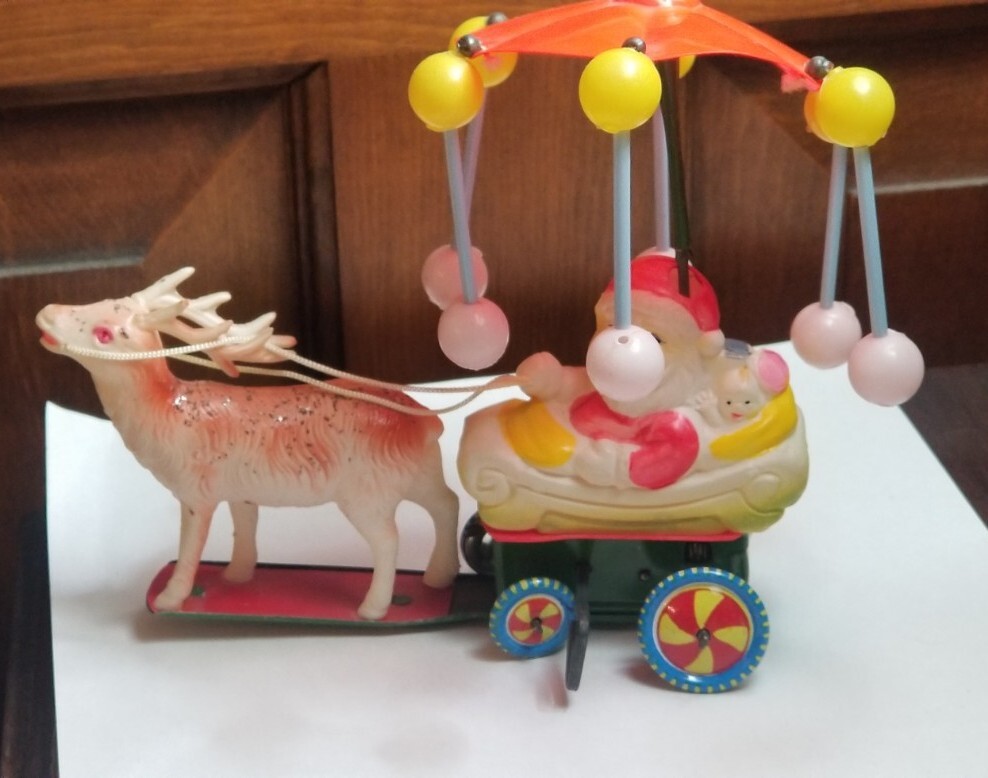 Vintage Celluloid Santa Reindeer Sleigh Japan Wind-up Windup Toy Spin Umbrella