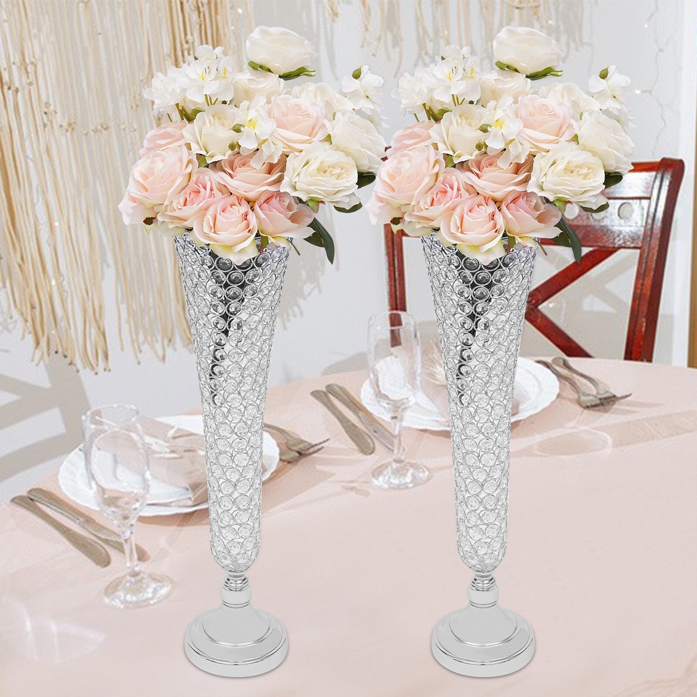 2 Pc Modern Crystal Trumpet Flower Silver Stand Crystal Vase For Wedding Decor