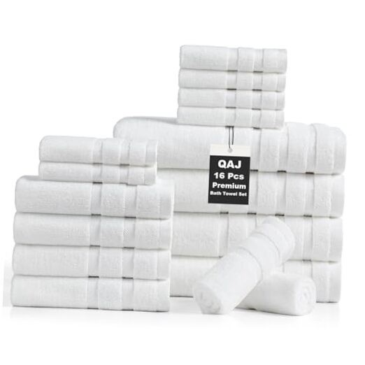 16-Piece Premium Cotton Bath Towel Set - Ultra Soft & Absorbent - 18-Piece White Luxury Collection  