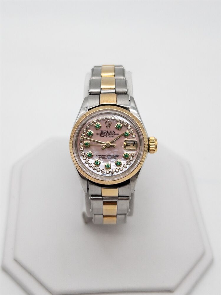 $9K ROLEX DATEJUST PINK MOP Emerald Diamond 18k Yellow Gold SS Ladies Watch WTY