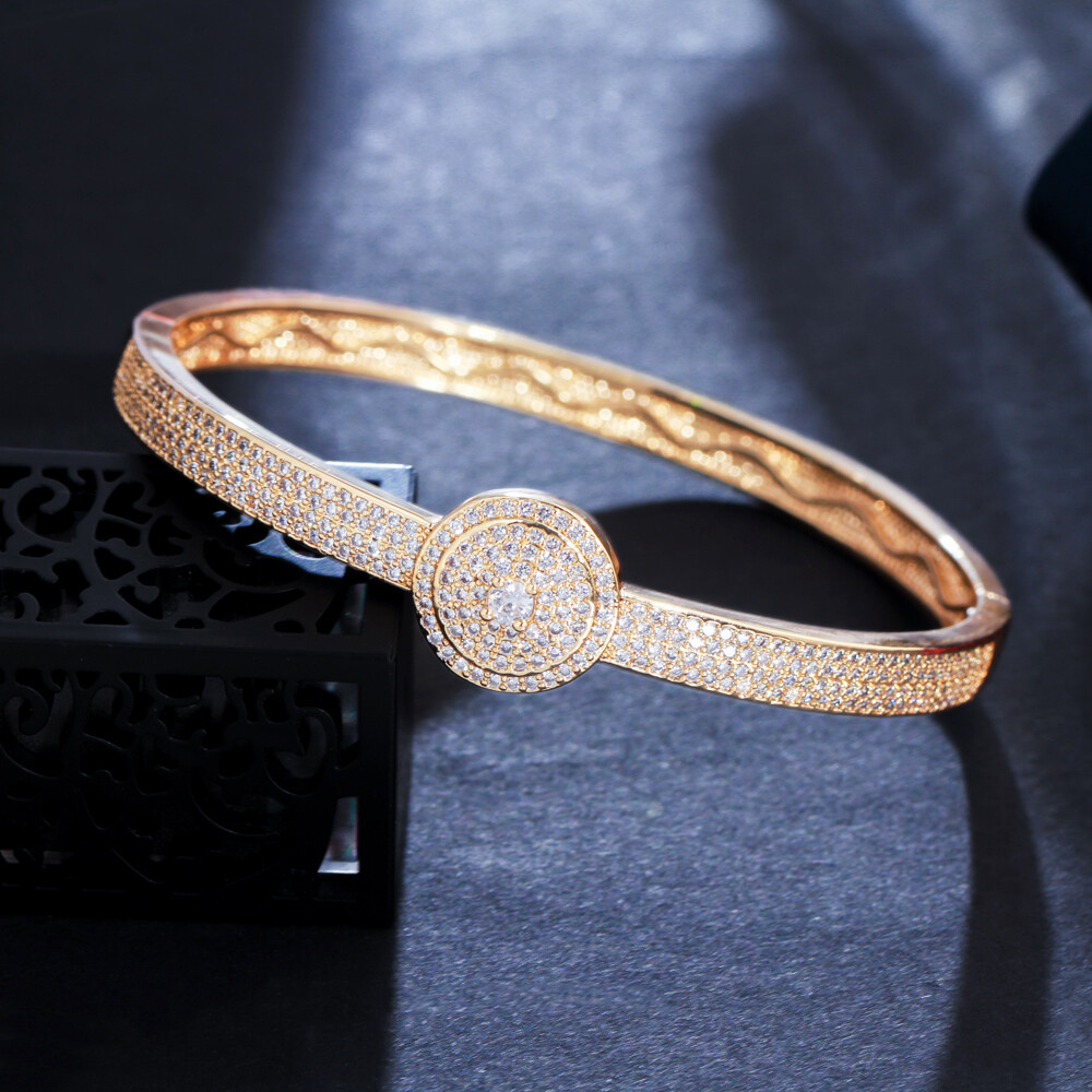 Bold Yellow Gold Plated Cubic Zirconia Round Open Cuff Bangle Bracelet For Women