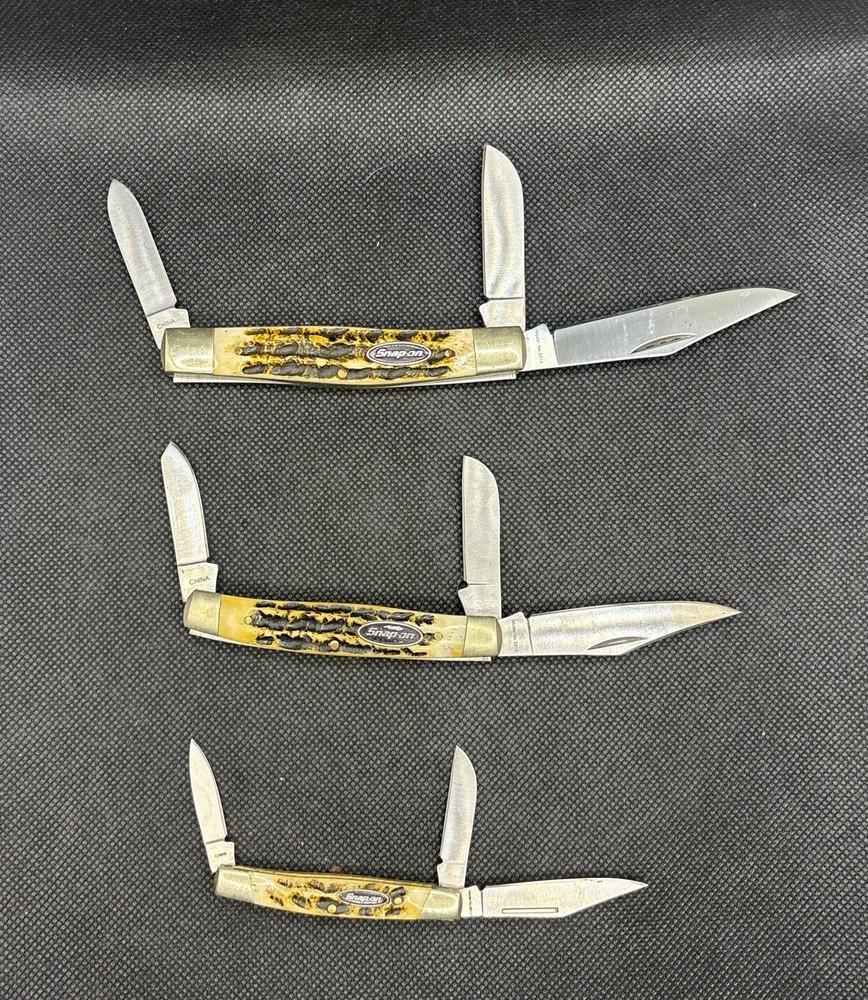 Snap-on Tool Iot of 3 Stockman Folding Pocket Knife Deer Antler Bone Handle-image