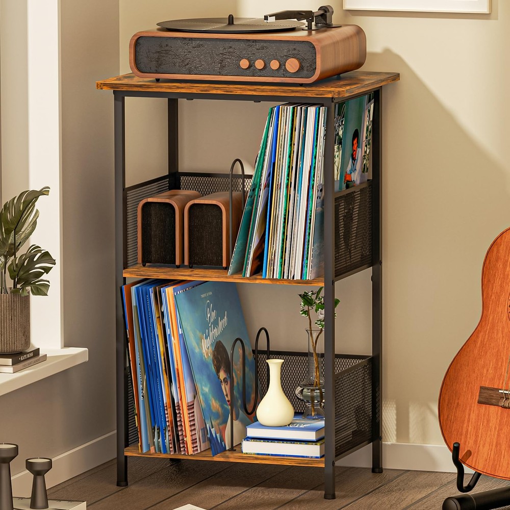 Vinyl Record Player Stand with Storage for 200 Albums and Extended Wooden Shelf