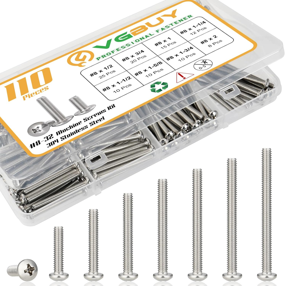 110Pcs Machine Screws Assortment Kit,Assorted 1/2 to 2 Inch Long # 8-32 Machine