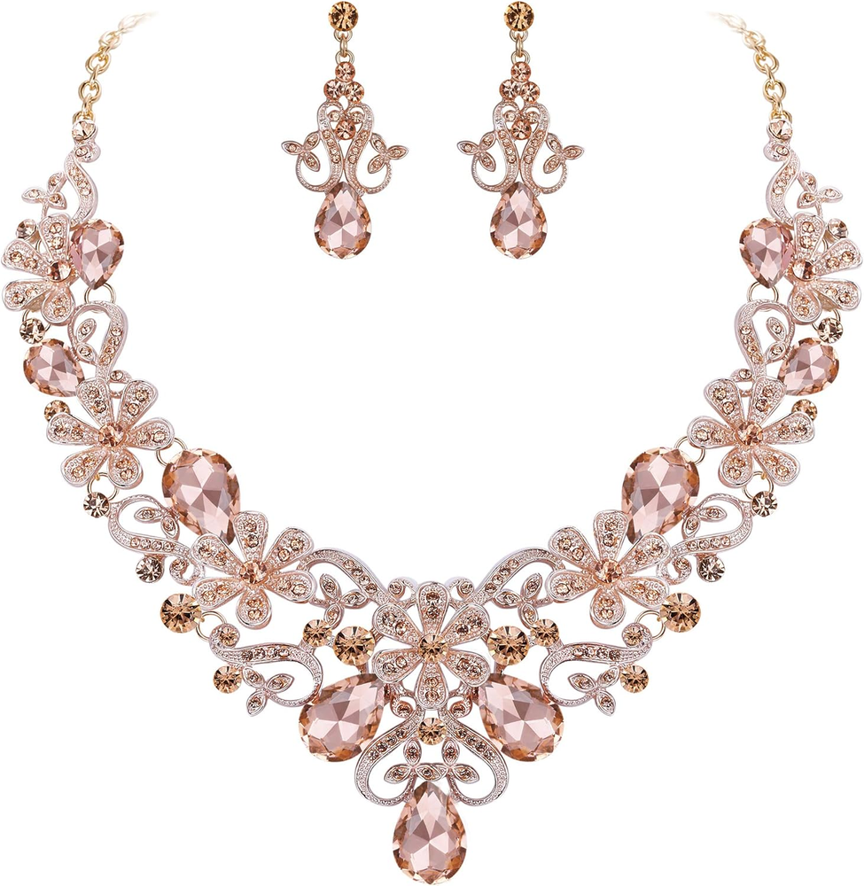 Women'S Costume Elegant Crystal Flower Scroll Teardrop Statement Necklace Dangle