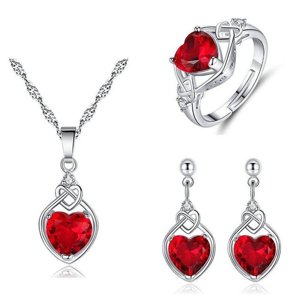 FLYYQMIAO Silver Plated Red Love Heart Necklaces and Earrings Ring Jewelry Se...
