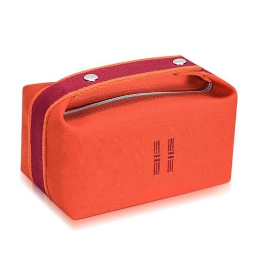 Orange Canvas Hanging Makeup Travel Bag for Women with Red Accents