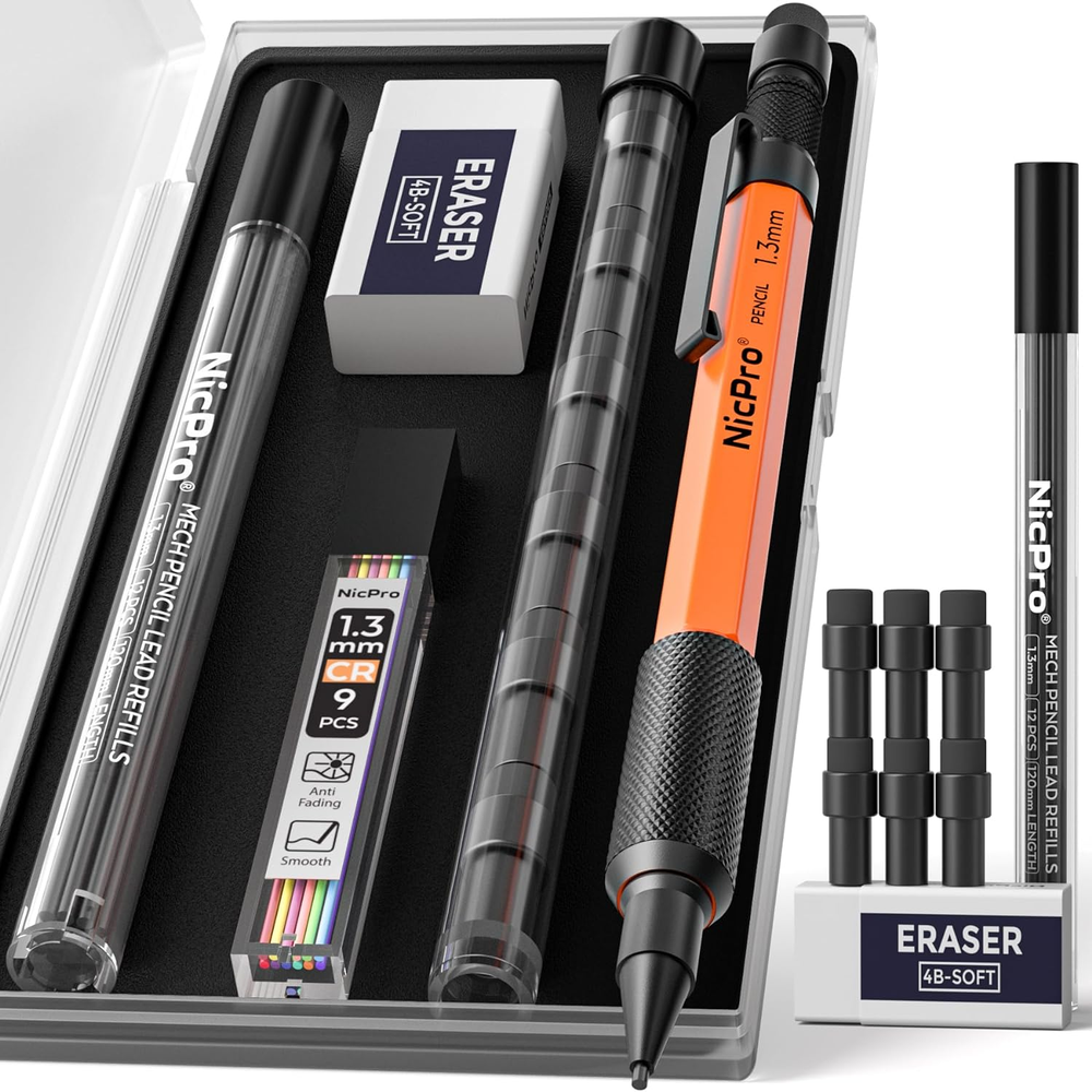 1.3 Mm Mechanical Pencils Set with Lead Refill Black & Colors, Eraser - Orange W