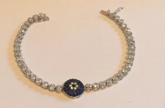 7Ct Round Cut Simulated Blue Sapphire Tennis Bracelet 14K White Gold Plated