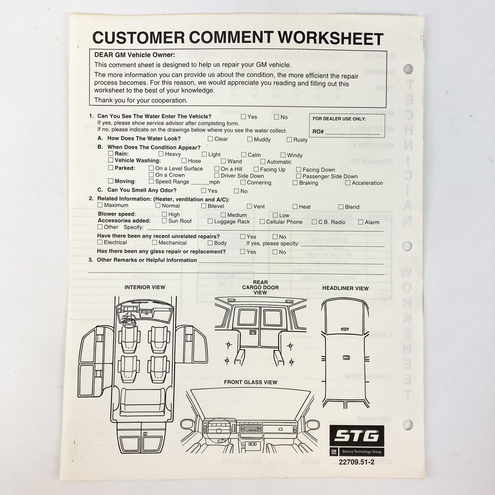 General Motors Customer Worksheet & Technician Response Vtg 1980s GM 22709.51-2-image