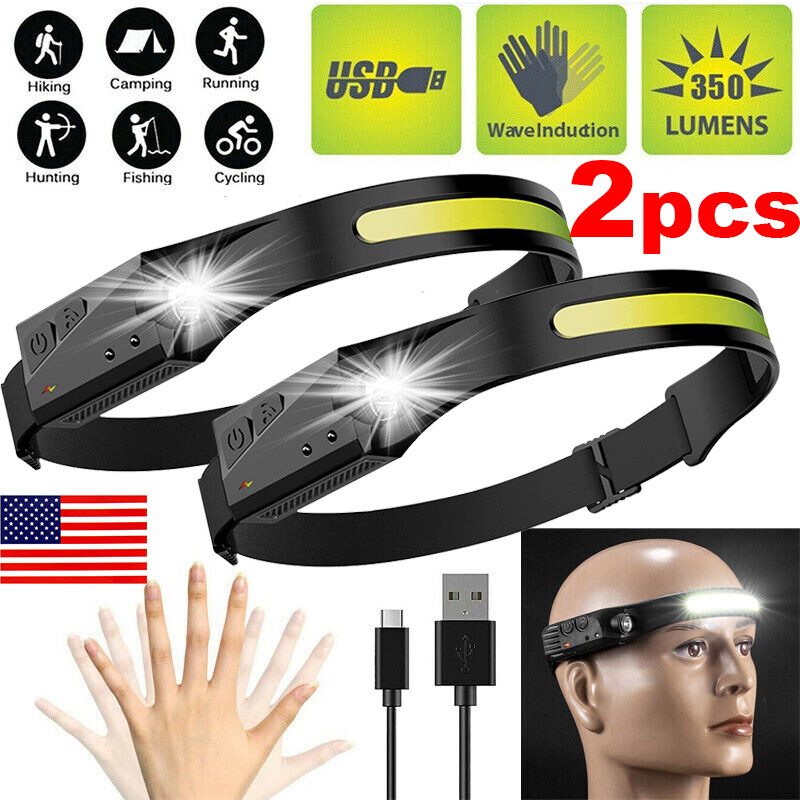 2PCS LED Headlamp Waving Sensor Head-mounted light Work Light Bar Head Band Lamp