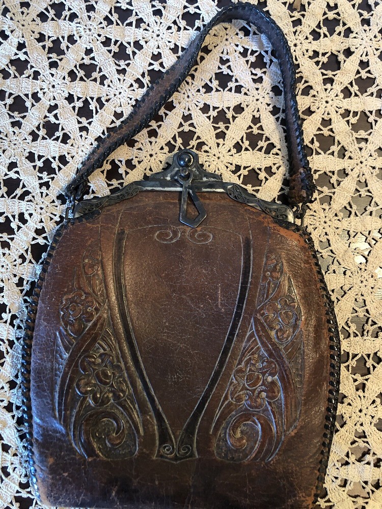 Vintage 1920's Art Deco Tooled Leather Handbag Purse Metal Art Turn Lock