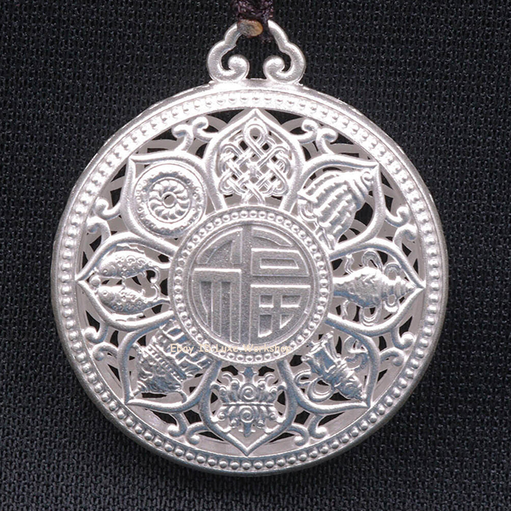 999 Pure Silver Eight Treasure Bless Compass Fine Silver Pendant 1.38inchH