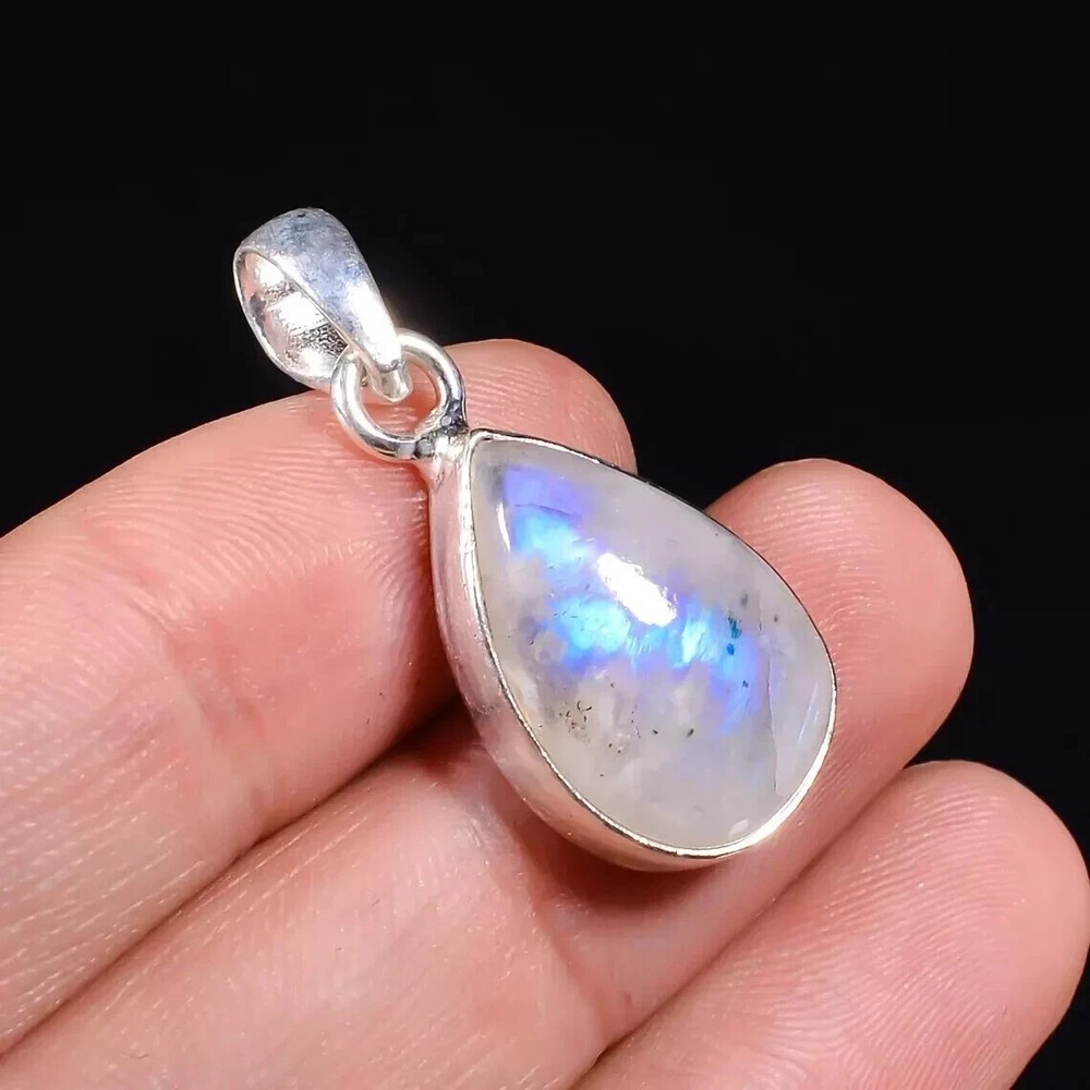 20 Ct Natural Rainbow Moonstone Gemstone 925 Sterling Silver Teardrop Pendant