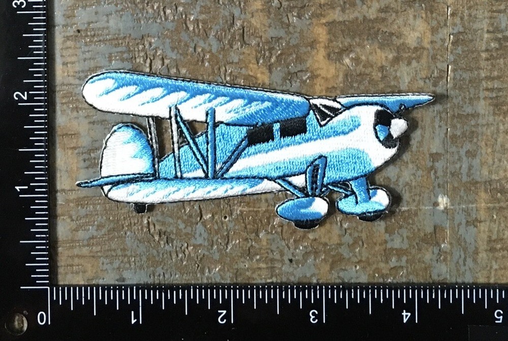 Vintage Airplane Aviation Embroidered Iron-On Patch in Light Blue and White