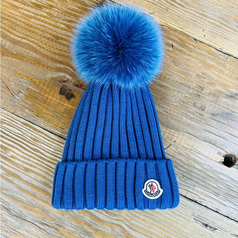 Moncler Blue Wool Beanie with Luxe Fox Fur Pom Pom  