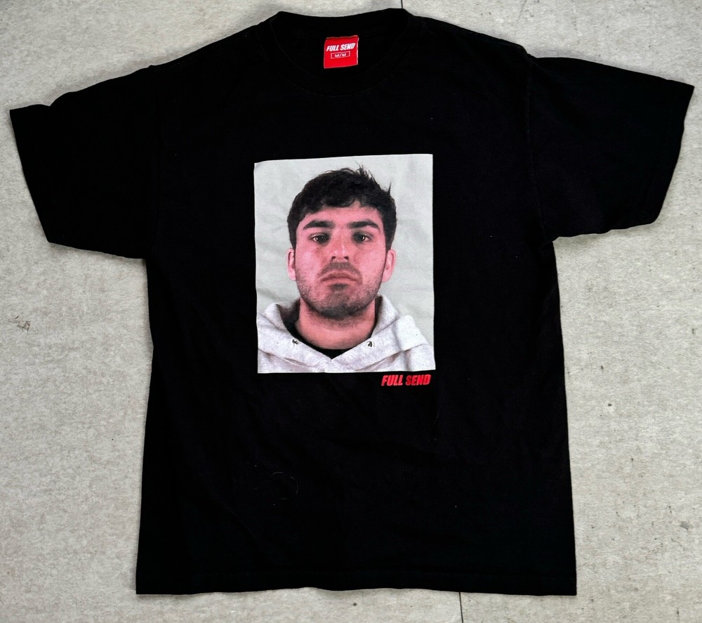 Nelk Boys Full Send Kyle Mug Shot Men’s Medium Black Graphic T Shirt Cotton