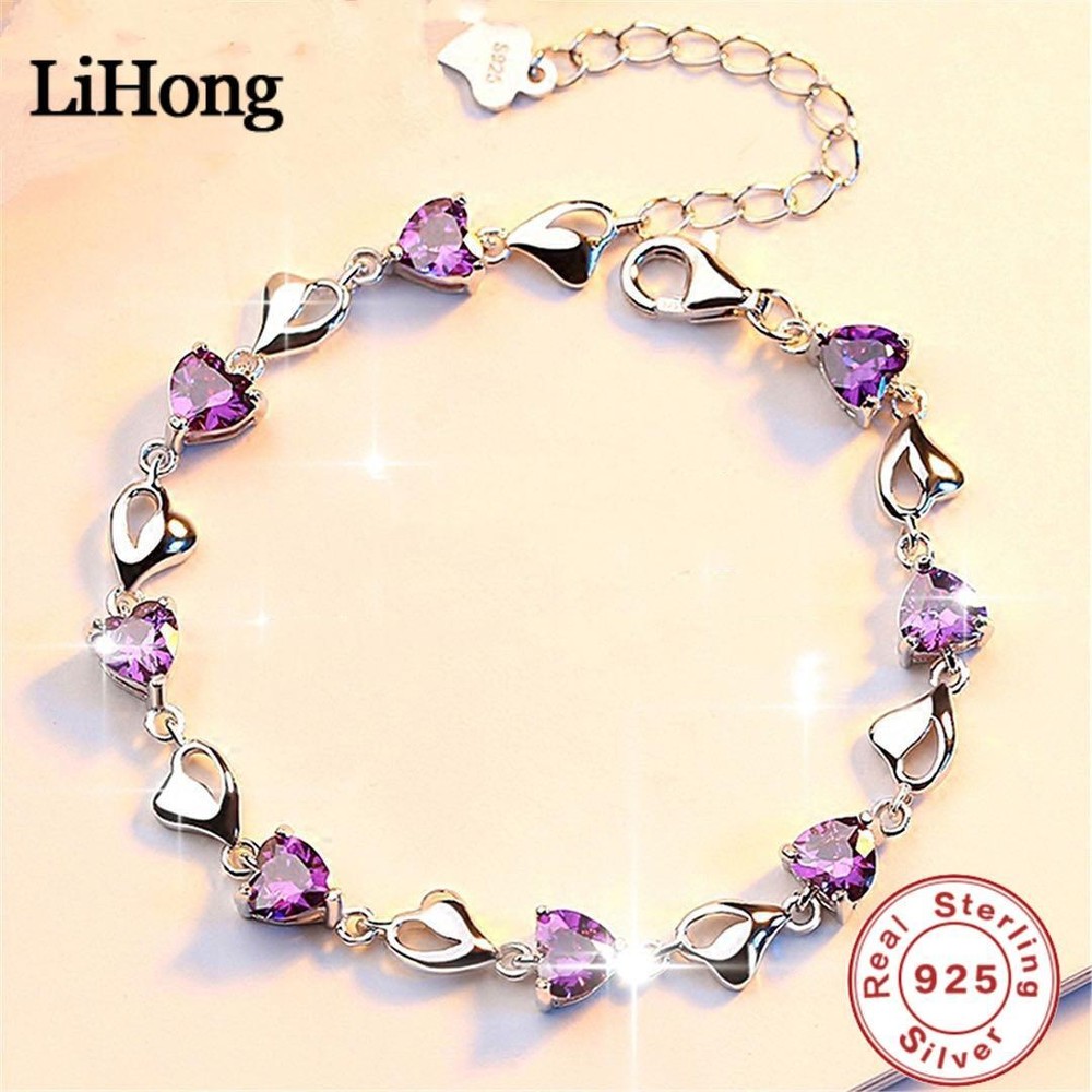 Luxury S925 Sterling Silver Love Bracelet Purple Blue Zircon Crystal for Women P