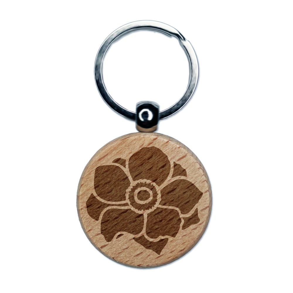 Anemone Flower Engraved Wood Round Keychain Tag Charm