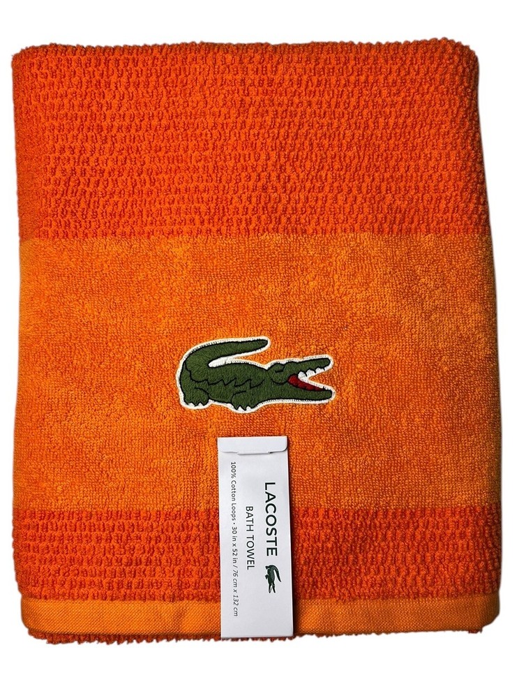 Lacoste Big Crocodile Logo Orange Bath Towel 100% Cotton 30x52 Inches