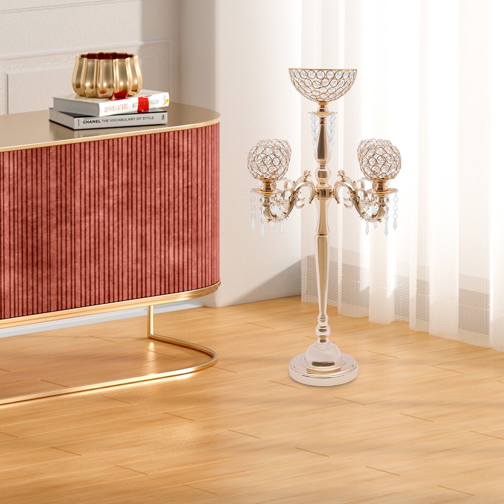 5 Arm Crystal Candelabra Wedding Centerpiece Votive Candle Holder Gold