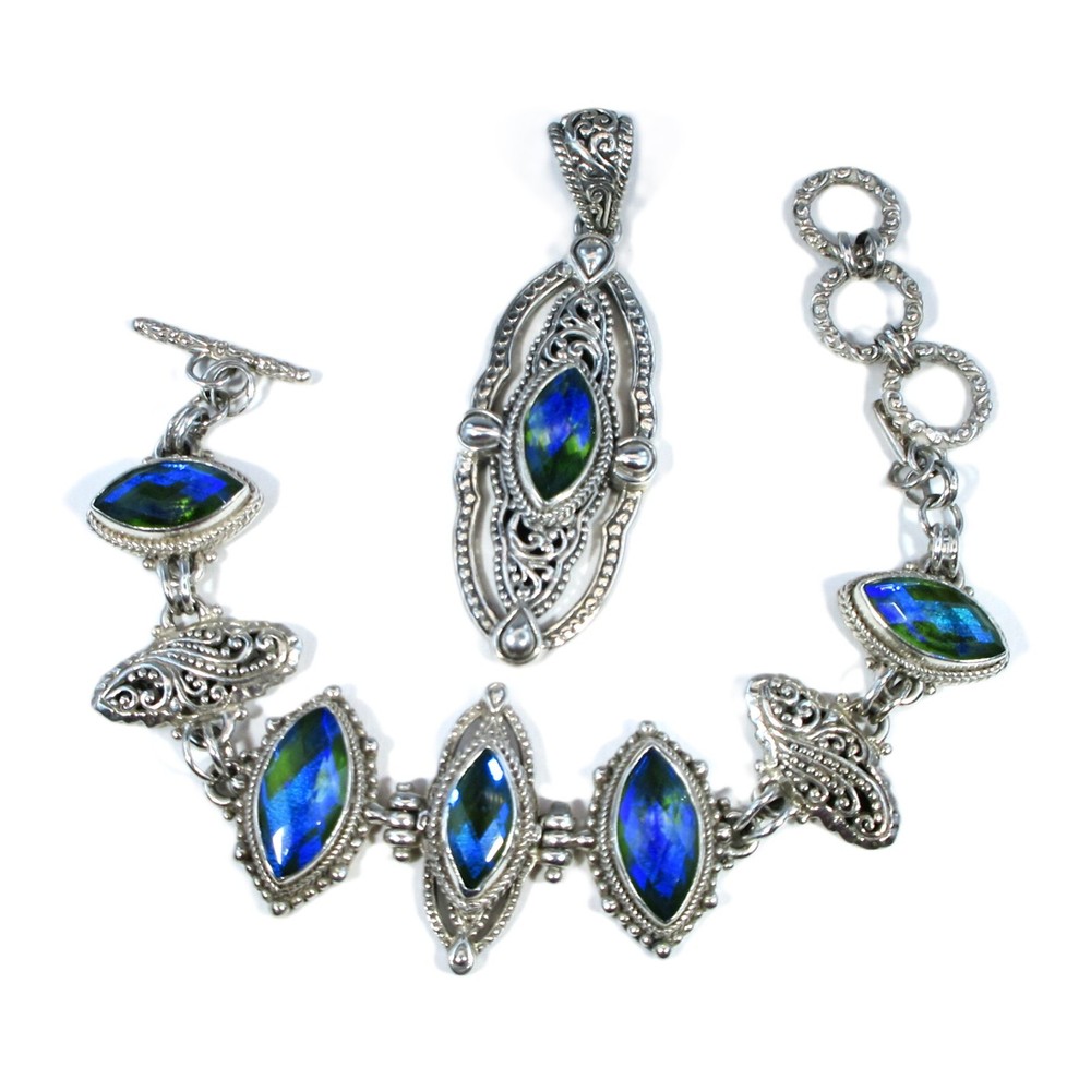 Sarda Sterling Silver Blue Green Mystic Quartz Elaborate Bracelet & Pendant Set
