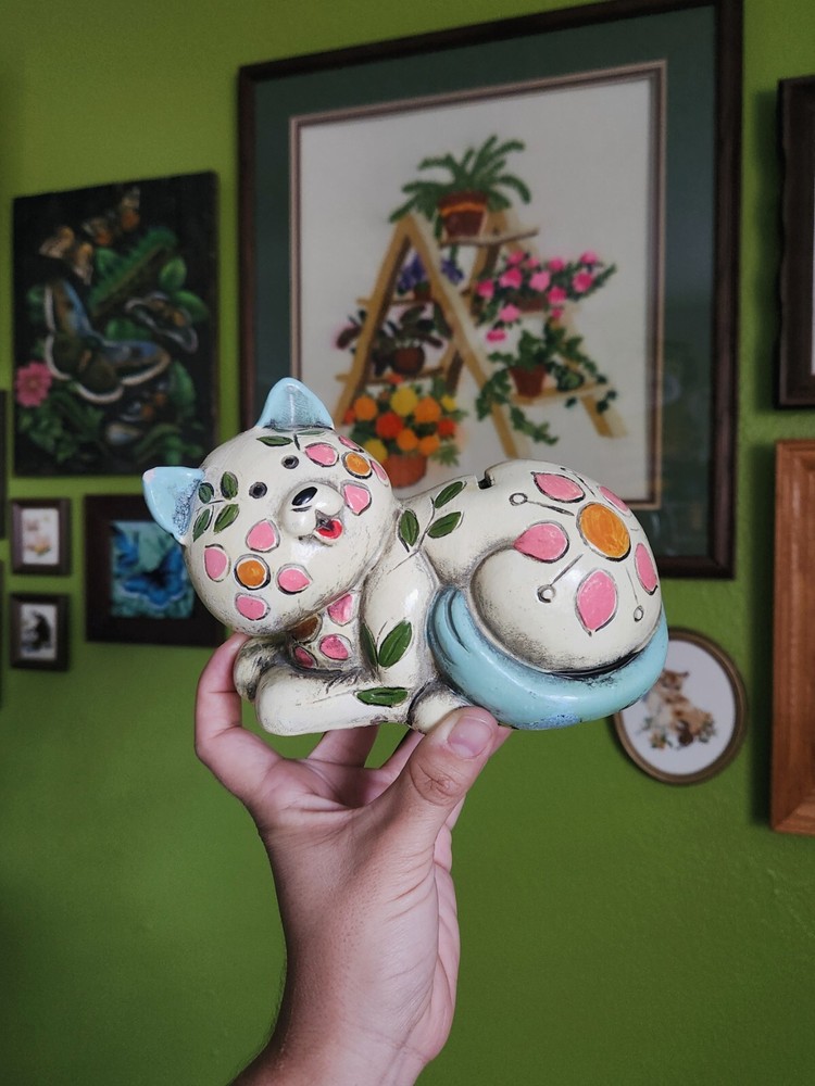 Vintage Chalkware Plaster Smiling Yellow Blue Kitty Cat Coin Bank 1960's Kitschy