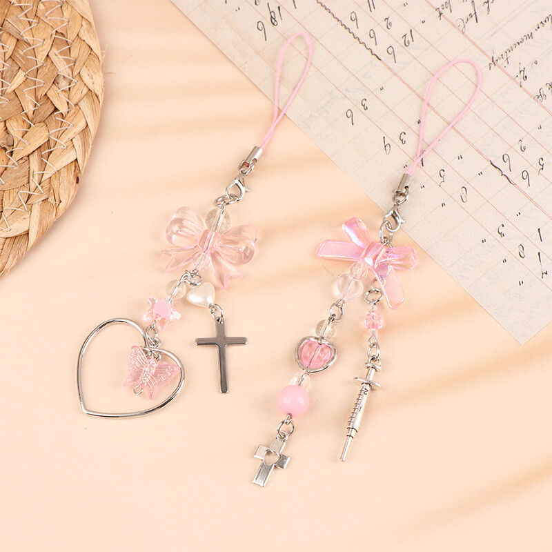 Y2K Pink Heart Bow Phone Lanyard Cute Mobile Strap for Girls