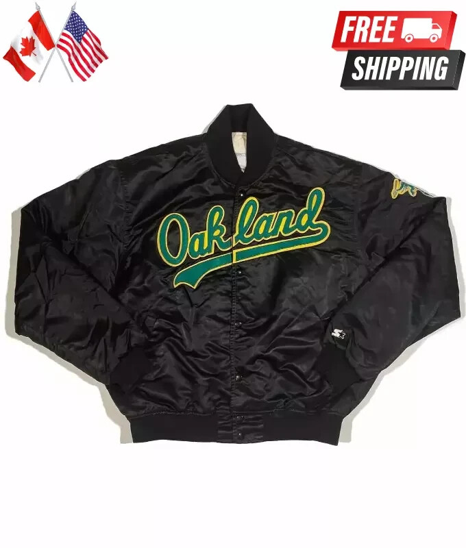 Men's Oakland Athletics 90s Full-Snap Black Satin Bomber Jacket Free Shipping