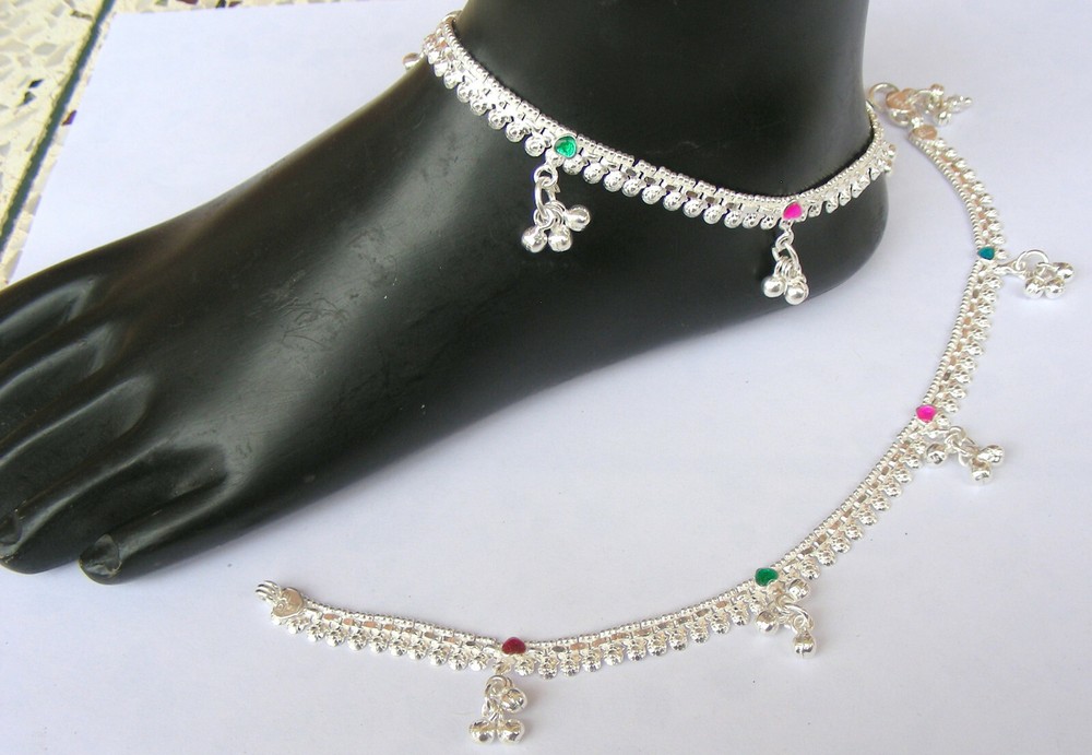 Handmade Indian Payal Fine Silver  Anklet Pair 26 Gram 8.5''  P14 FREESHIP-image
