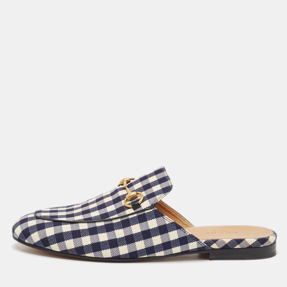 Gucci Black White Canvas Leather Princetown Mules Size 38
