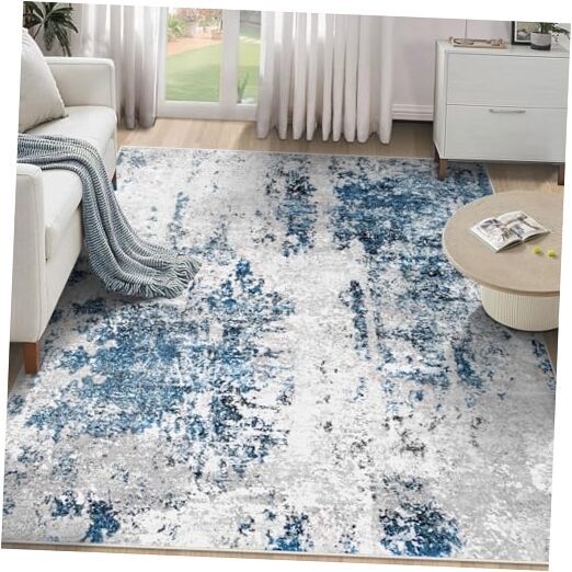 Area Rug 4x6 Washable Rug, Modern Abstract 6' x 4' (Rectangular) Grey Blue