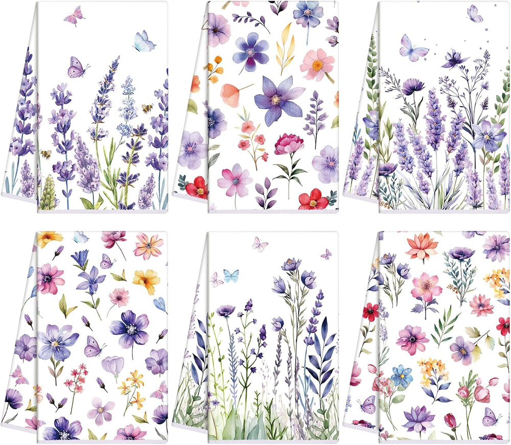 Sets of 6 Flower Kitchen Towels Dish Towels Hand Towels Purple Wild Flower
