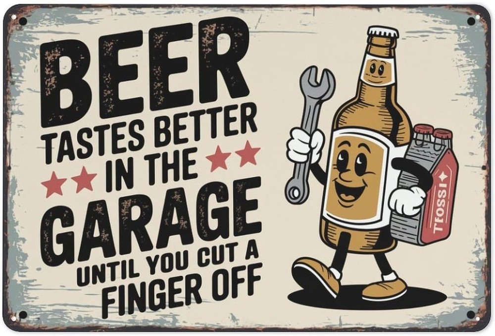 Vintage Funny Beer Garage Mechanic Tin Metal Sign with Bottle Print