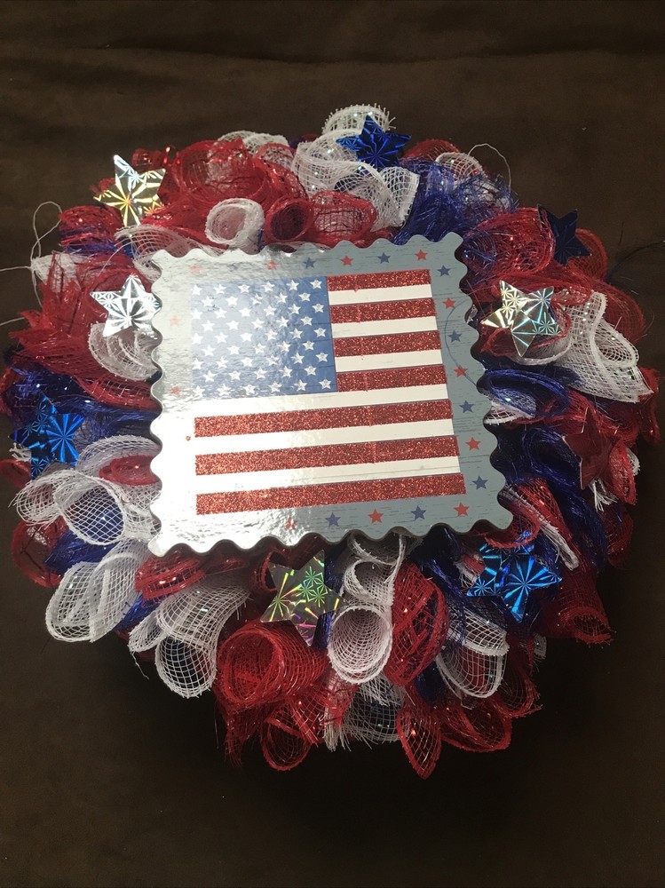American Flag Patriotic Mesh Tulle Wreath for Independence Day Front Door