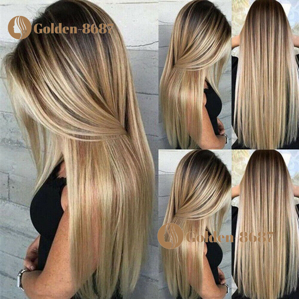 Women Real Long Straight Hair Full Ombre Blonde Lady Wigs Natural Cosplay Daliy