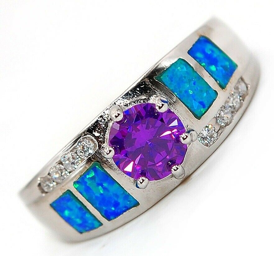 1CT Amethyst & Australian Opal Inlay Sterling Silver Ring Size 8 Elegant Jewelry BA1