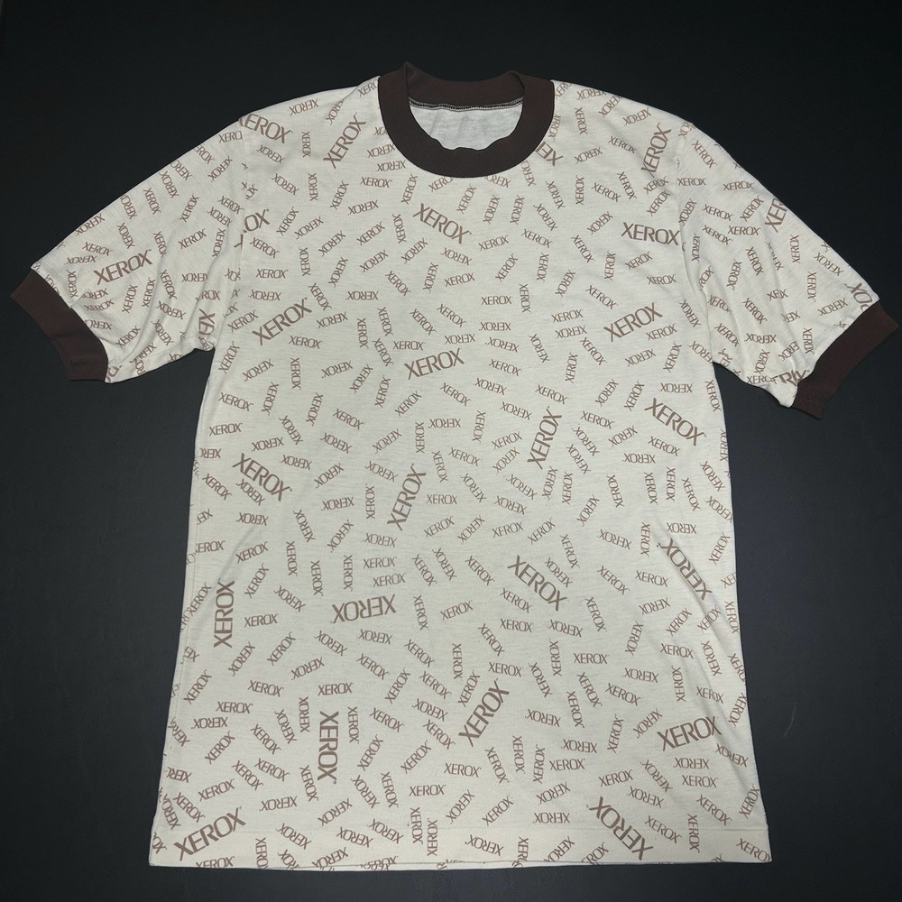 Vintage 70s Xerox Spell Out All Over Print Brown Beige t-shirt S/M RARE Computer