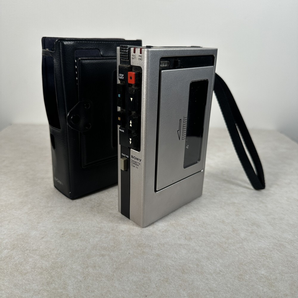 Sony TCM-111 Vintage Silver Cassette Player with Case for Parts or Repair