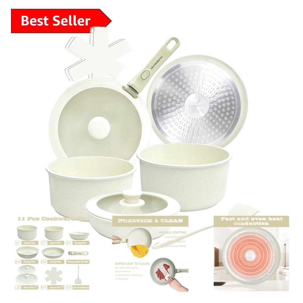 Complete 11-Piece Cookware Set: Removable Handles & Stylish White Finish