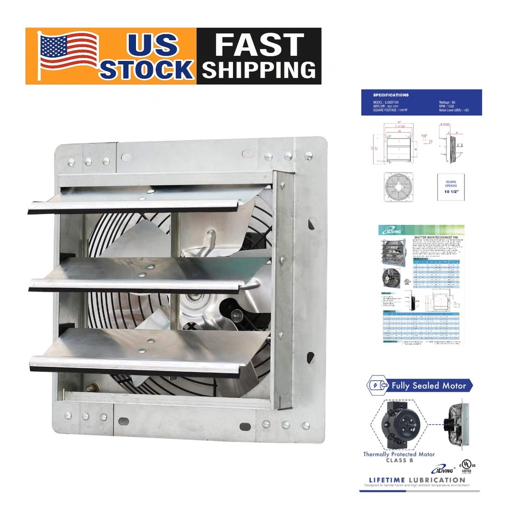 Weather-Resistant 10-Inch Exhaust Fan with Automatic Shutter & 820 CFM Power