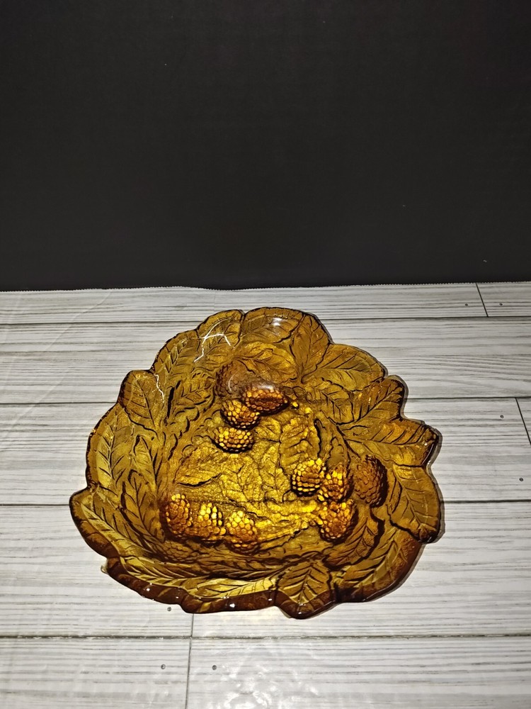 Vintage Indiana Glass Amber Loganberry Berries Leaves Candy Dish Bowl
