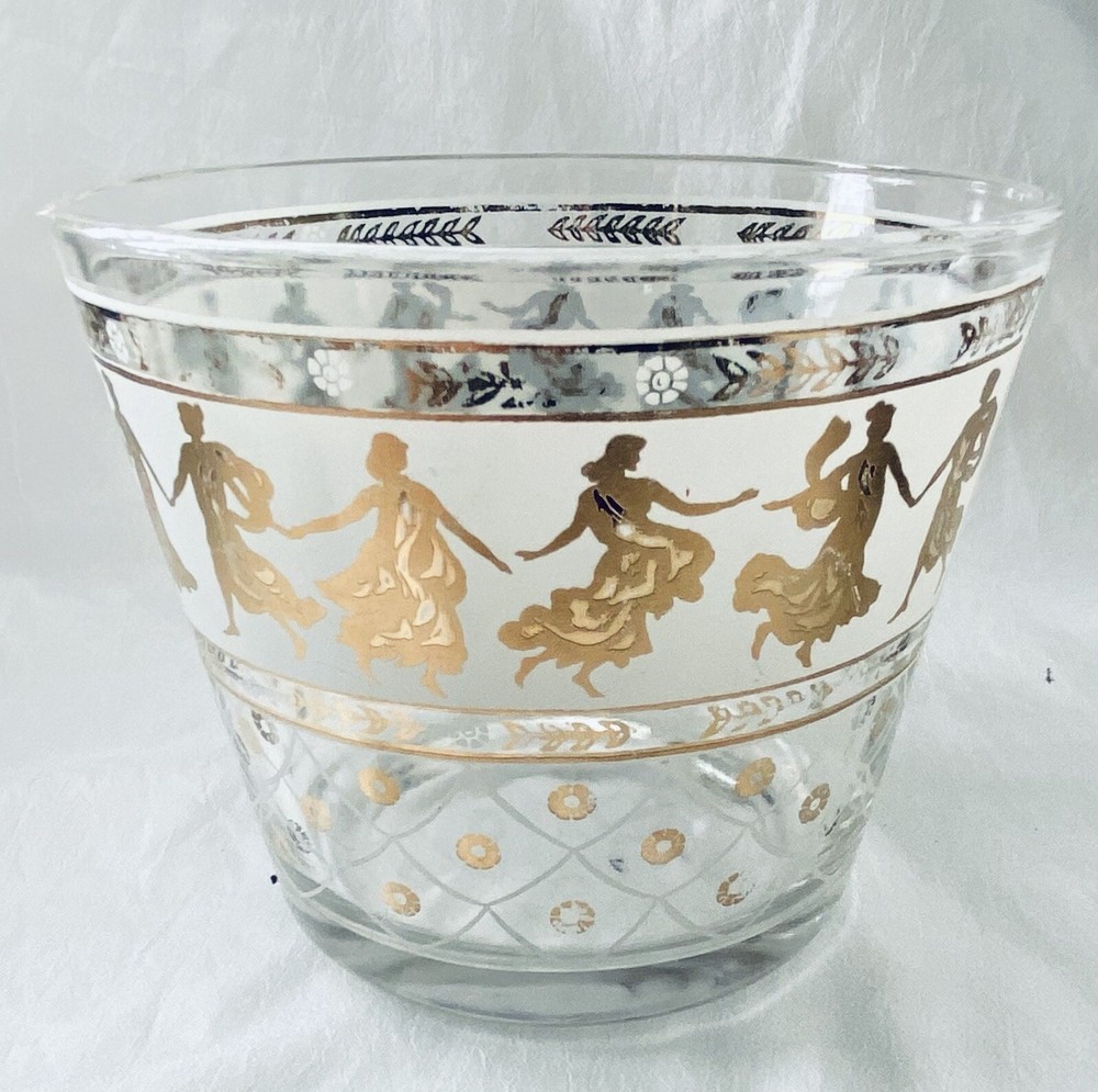 Vintage Mid Century Glass Ice Bucket with Gold Grecian Figures and Lattice Design