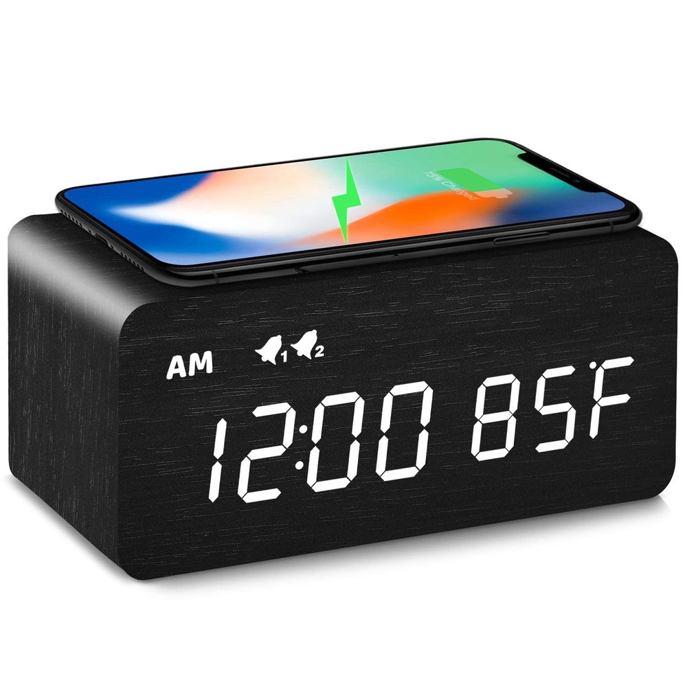 MOSITO Digital Wooden Alarm Clock with Wireless Charging, 0-100% Dimmer, Dual...