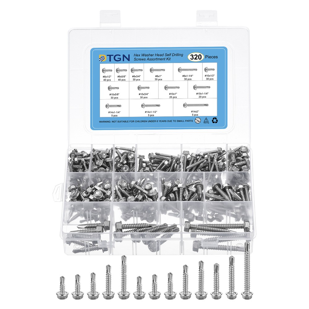 320Pcs Hex Washer Self Drilling Screws Kit in #8 #10 #14 Sizes, 410 Stainless Steel