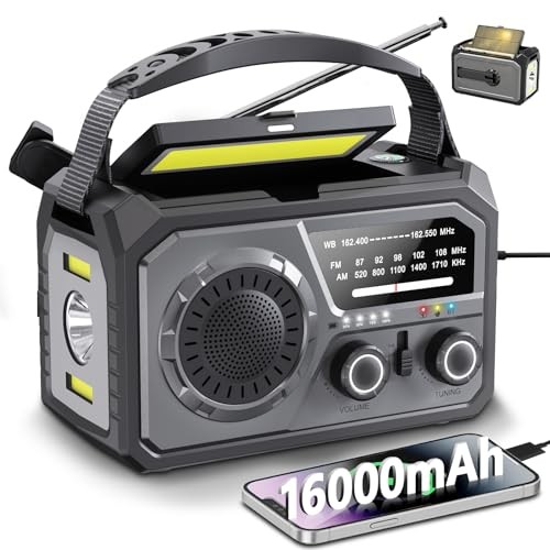 Solar Emergency Crank Radio with 16000mAh Power Bank - NOAA Weather Alert, Grey