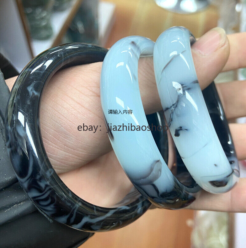 Natural Black White Jade Bangle Bracelet Jadeite Jewelry Amulet Women 54-64mm