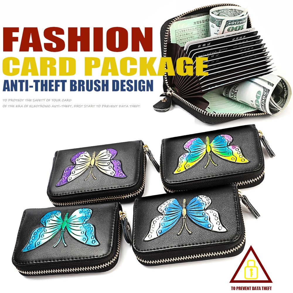 RFID Blocking Zipper Leather Wallet for Women with Butterfly Design-image